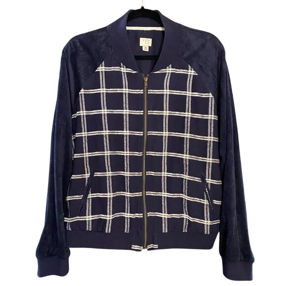 a new day Women's Checkered Bomber Jacket Size XL Navy Blue Plaid Full Zip - Picture 1 of 4